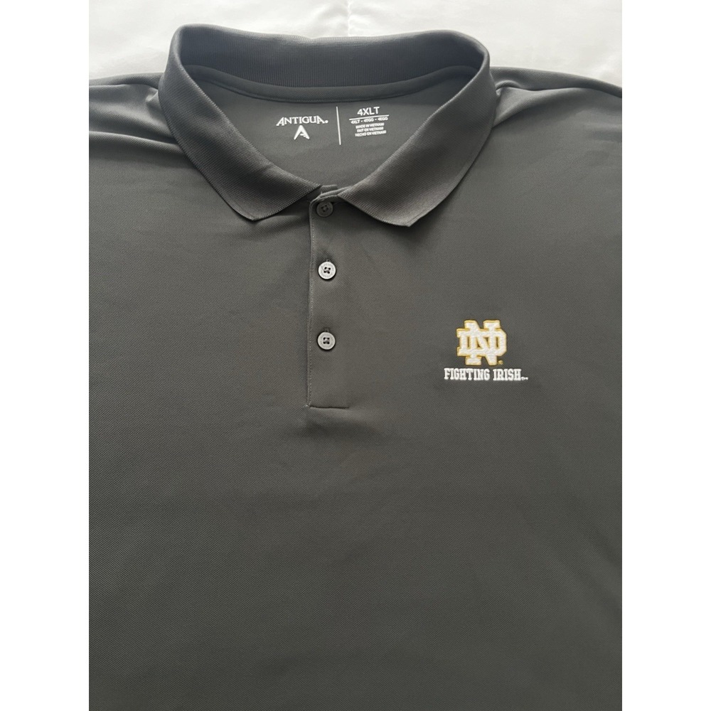 NOTRE DAME Fighting Irish ANTIQUA Shirt‎ Sz 4XLT Grey Short Sleeve Polo Logo